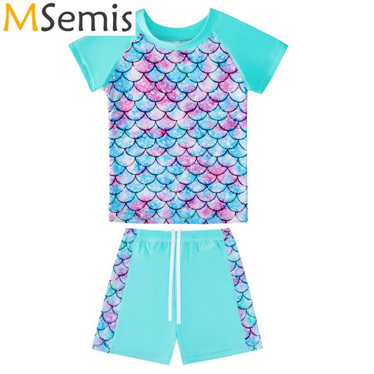 Kids Boys 2Pcs Floral Fish Scales Print Short Sleeve Swimsuit