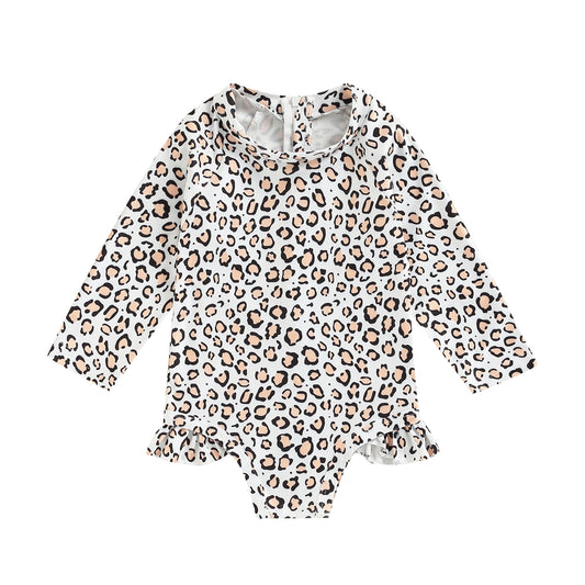 Kids Girl Swimwear Leopard Print Long Sleeve Turtle Neck Swimsuit Children Back Zip Up Bathing Suit Beachwear 1-6Y
