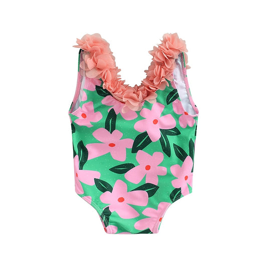 Baby Girls Floral Swimsuit Petals Decoration V Neck Monokini Swimwear Summer Cute Baby Beach Wear Backless Bikini