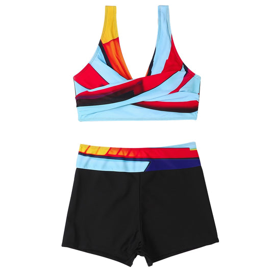 Women's Two Piece Halter Swimsuit Athletic Push Up Twist Bikini Set Swimwear With Boyshorts Trunks Sporty V Neck Bathing Suit