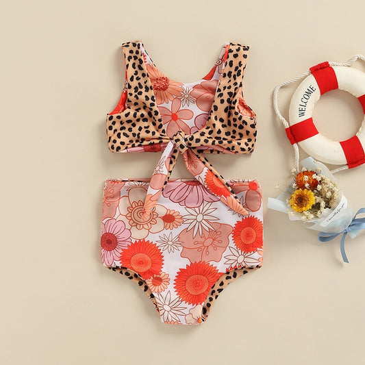 0-4Y Baby Girls Swimwear Bathing Suit Kids Two-side wear Beachwear Backless Knotted Vest+Bottoms Leopard/Floral