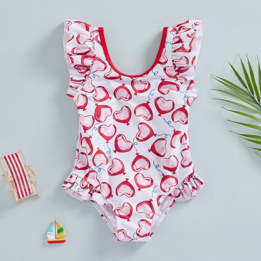 Kids Girls Swimsuit Love Heart Balloon Print Swimwear Beachwear Toddler Baby Girl Ruffles Flying Sleeve Bathing Suits