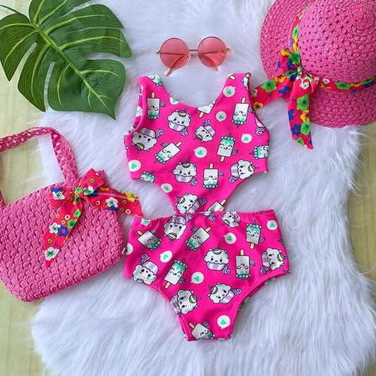 Baby Swimwear Girls Bikini Ice Cream Print Sleeveless Cutout Swimsuits  Kids Beachwear