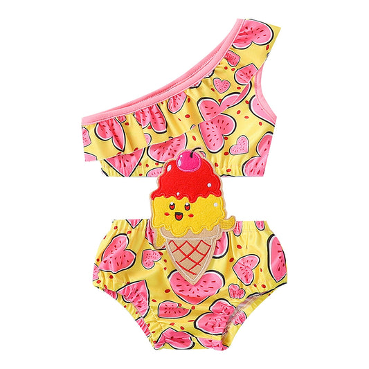 Kids Girls Swimwear Baby One-Shoulder Ruffles Bodysuit Beachwear Summer Cute Printed Sleeveless Patchwork Swimsuit 1-5Y
