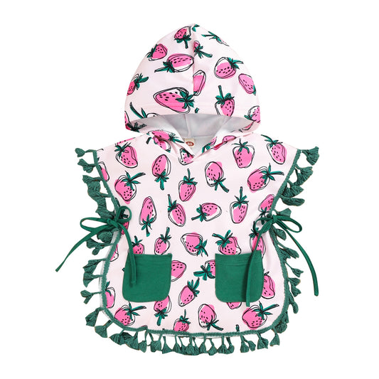 Baby Boys Girls Hooded Bathrobe Summer Strawberry/Pineapple Print Plush Ball Tie Up Loose Robes Swimwear