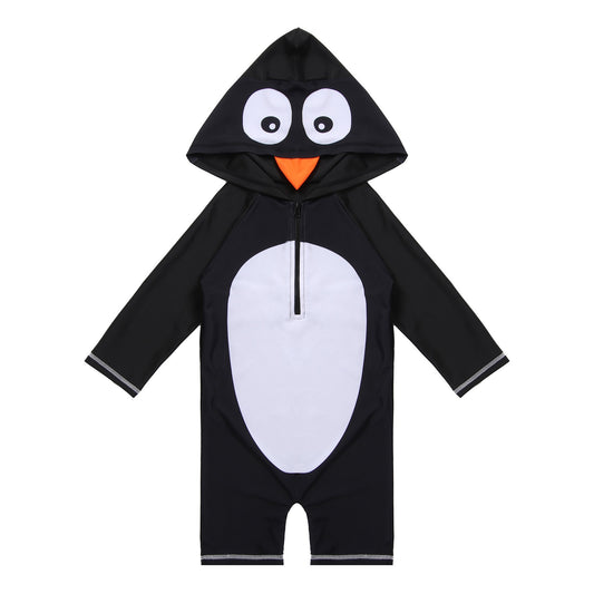 Kids Girls and Boys Swimsuit Hooded Long Sleeves Zipper Closure Penguin Pattern Swimming Swimwear