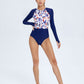 Women's One Piece Swimsuit Long Sleeve Rash Guard Set Print Swimsuit Briefs Round Neck Zip Surf Suit