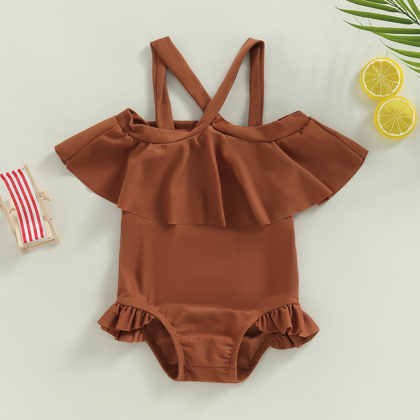 Baby And Toddler Girl Off Shoulder Collar Straps Bathing Suit And Swimwear