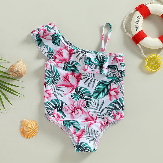 Kids Girls Swimsuits Floral Leaves Print Sleeveless Ruffles Straps Bathing Suit Child Girls Holiday Beach Swimwear 2-7Y