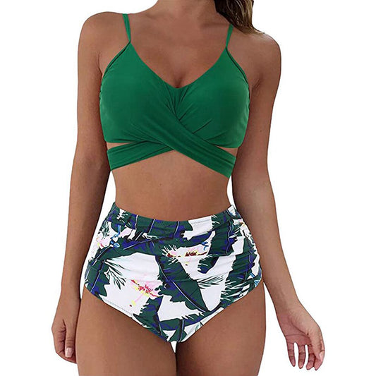 Women Slim High Waisted Two Pieces Solid/Floral Swimwear