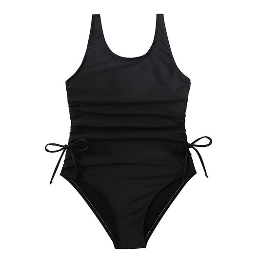 Kids Girl Solid Black Drawstring Ruched One Piece Swimsuit