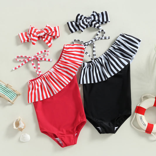 Baby Girls Swimsuit Summer Sleeveless Stripes Ruffled Collar Straps Bathing Suit with Bowknot Headband Girl Beach Wear