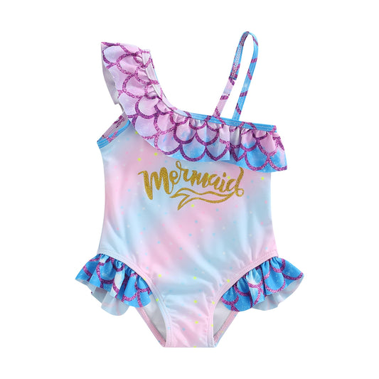 Baby Girls Bikini Fish Scale Ruffle Collar Straps Swimsuit Cute Kids Bathing Suit Bronzing Letter Print Beachwear 0-4Y