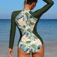 Women's Rashguard One Piece Swimsuits Floral Long Sleeve Zip Up Swimwear
