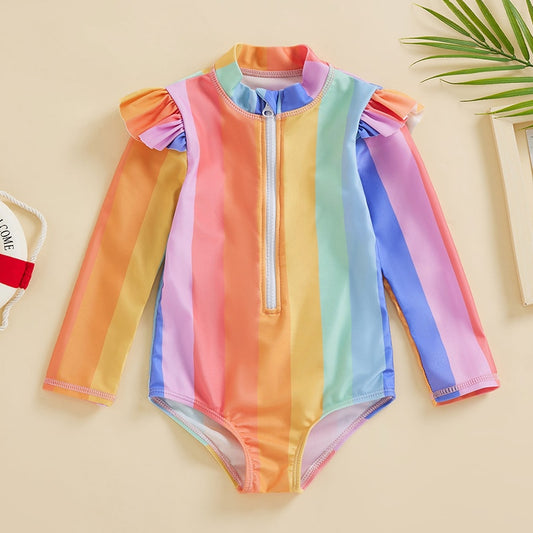 Baby & Toddler Girl’s , Long Sleeve Zipper Closure Colorful Striped Summer  Swimsuit