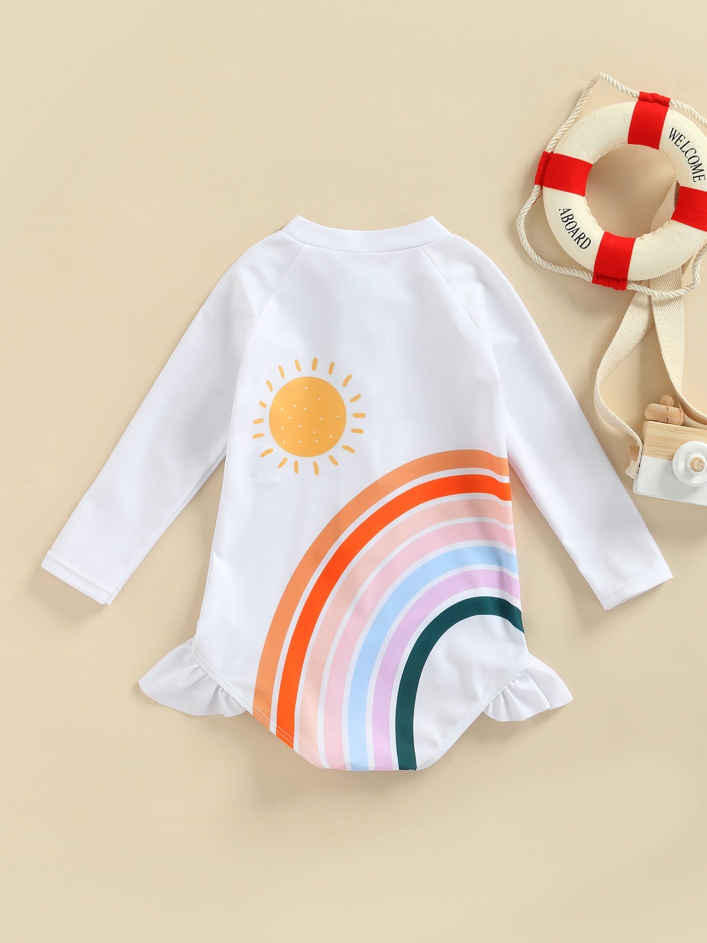2-7Years Kids Baby Girl Swimsuit Rainbow Print Round Neck Long Sleeve Cute Children Swimwear Zip Up Beach Wear