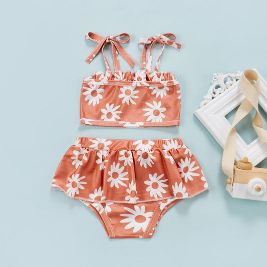 0-5Years Kids Girls Two-Piece Swimsuits Floral Swimwear Tie Up Straps Camis+Ruffle Shorts Cute Children Bathing Suits