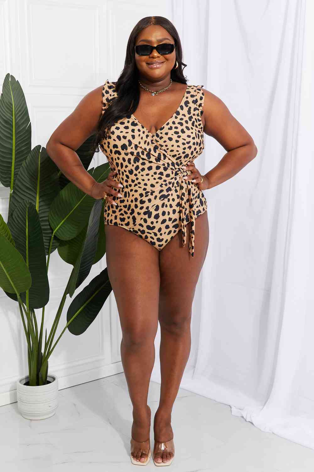 Women's Marina West Swim Full Size Float On Ruffle Faux Wrap One-Piece in Leopard