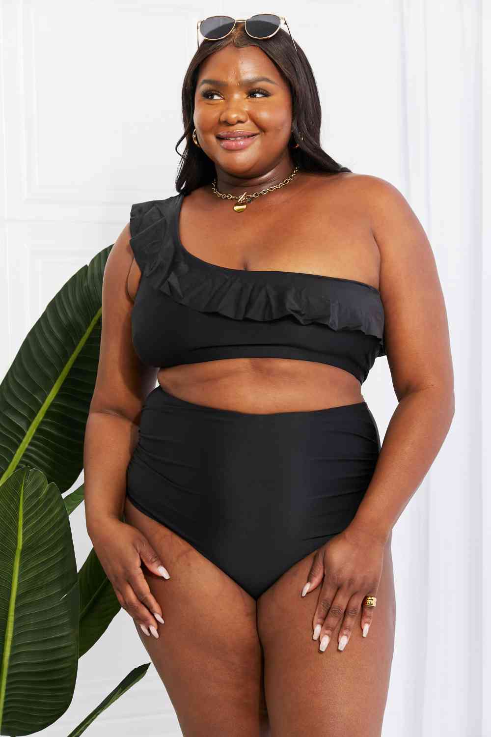 Women's Marina West Swim Seaside Romance Ruffle One-Shoulder Bikini in Black