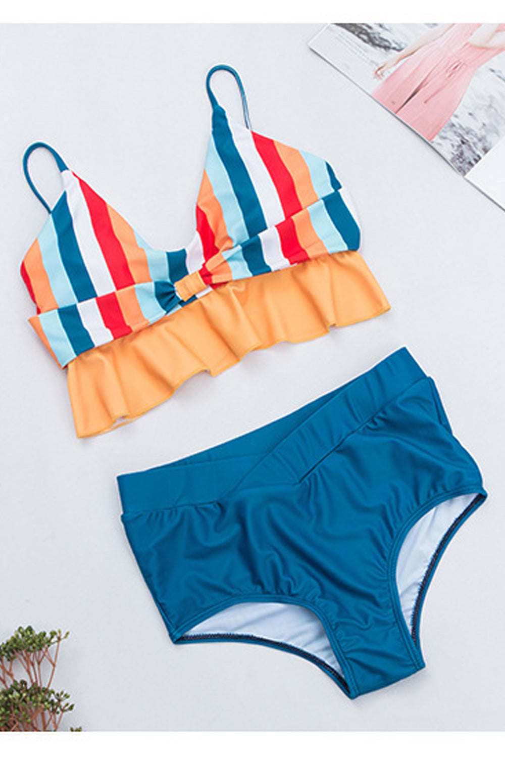 Women Beautiful Two Piece Colorful Striped Pattern Stretchy Solid Bottom Swimwear - C7177TCSWA