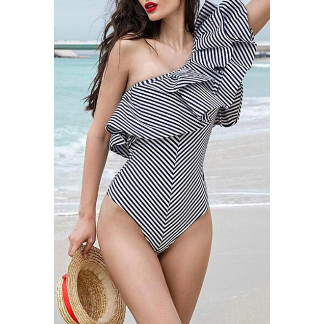 Women Striped One Shoulder Ruffled Sexy Swimsuit - C047TCSW