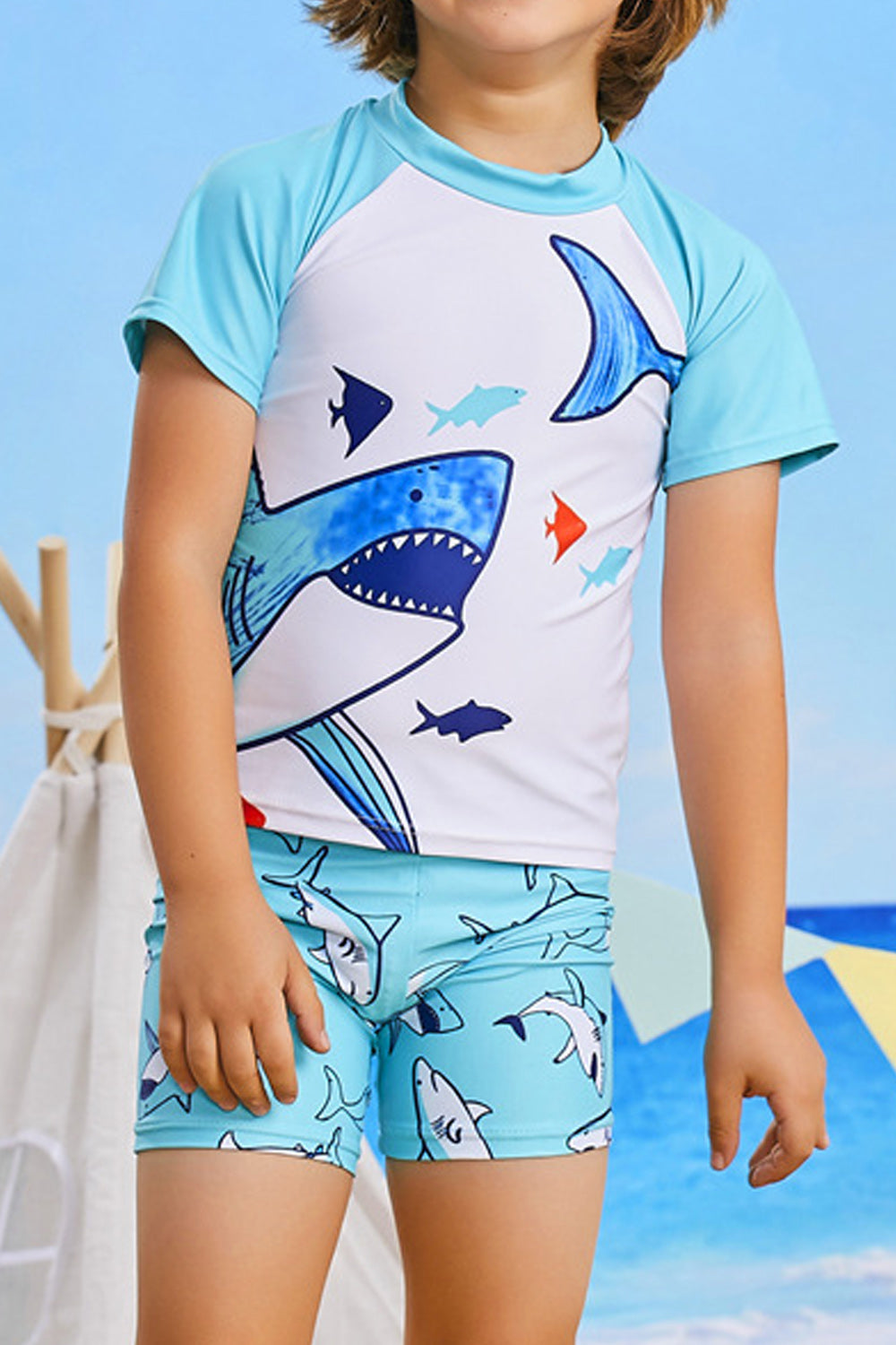 Kids Boys Shark Printed Sunscreen Short Sleeve Elastic Waist Two Piece Swimwear - KBSW97692