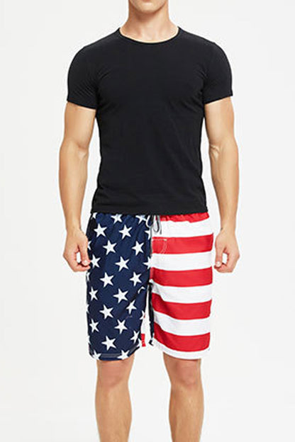 Men Flag Printed Two Pockets Drawstring Swimwear Short - MSW70340