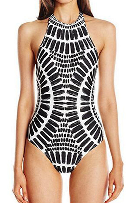 Women Trendy Printed Pattern Easy Halter Neck Thin & Breathable One-Piece Beach Swimwear-WSW109327