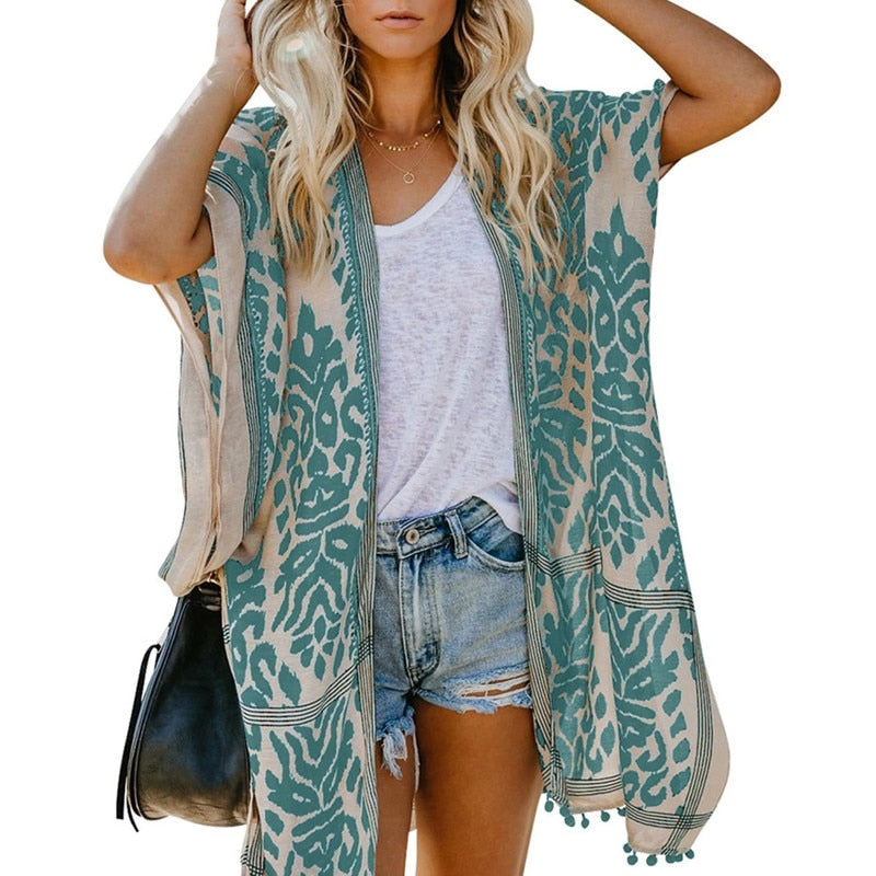 Womens Printed Beach Cover Up Fashionable Summer Open Front Loose Cover Up