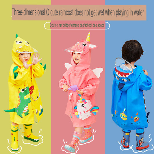 Children's raincoat for boys and girls, kindergarten, dinosaur raincoat and poncho, cute cloak style school bag, elementary school