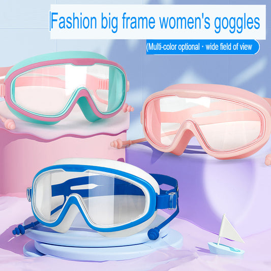 Fashionable women's large-frame swimming goggles high-definition anti-fog goggles and earplugs integrated diving goggles swimming equipment