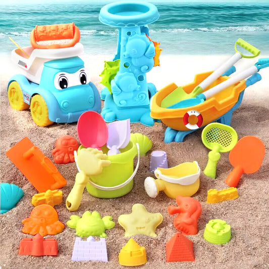 Children's beach toys, complete set of sand digging cart, beach bucket, outdoor catching sandglass, shovel and water play tools
