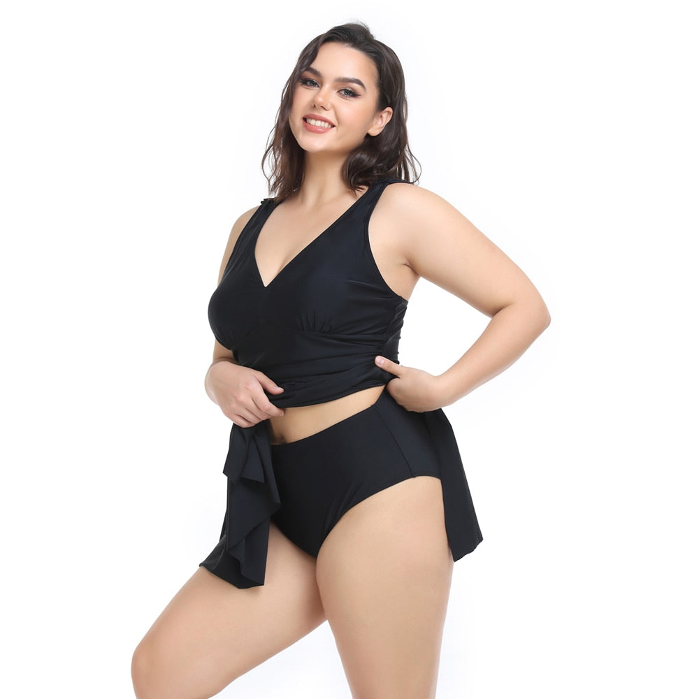 Women Two Pieces Plus Larges Big Size Solid Style Swimsuit Swimswear
