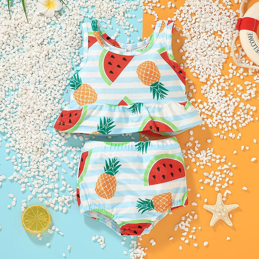 Girls Two Piece Printed Top With Briefs Set Summer Beach Swimwear
