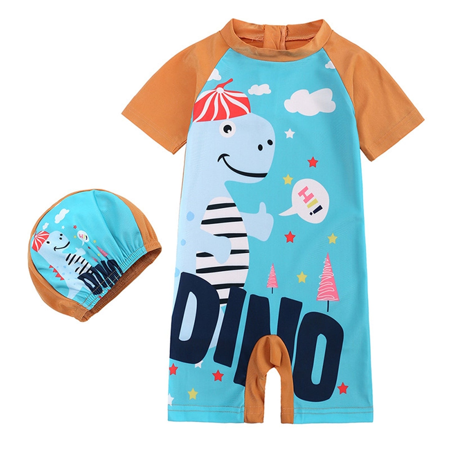 Toddler Kids Baby Boys 1 Piece Zipper Swimwear With Hat Rash Long Sleeve SwimSuit