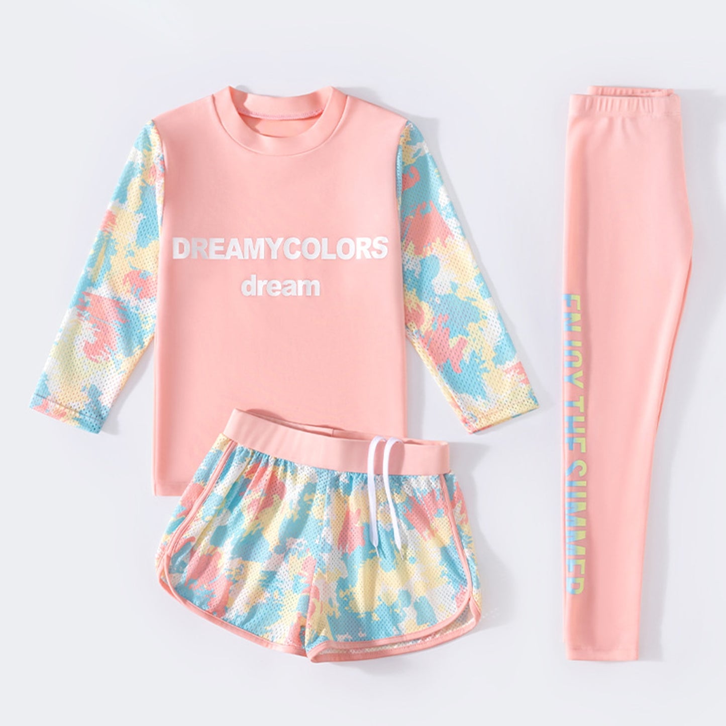 Kids Girls Colorful Print Long Sleeve Top+Shorts with Pants Swimwear