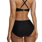 2024 Women split swimsuit mesh splicing high waist briefs multi solid color bikini bikini swimsuit.