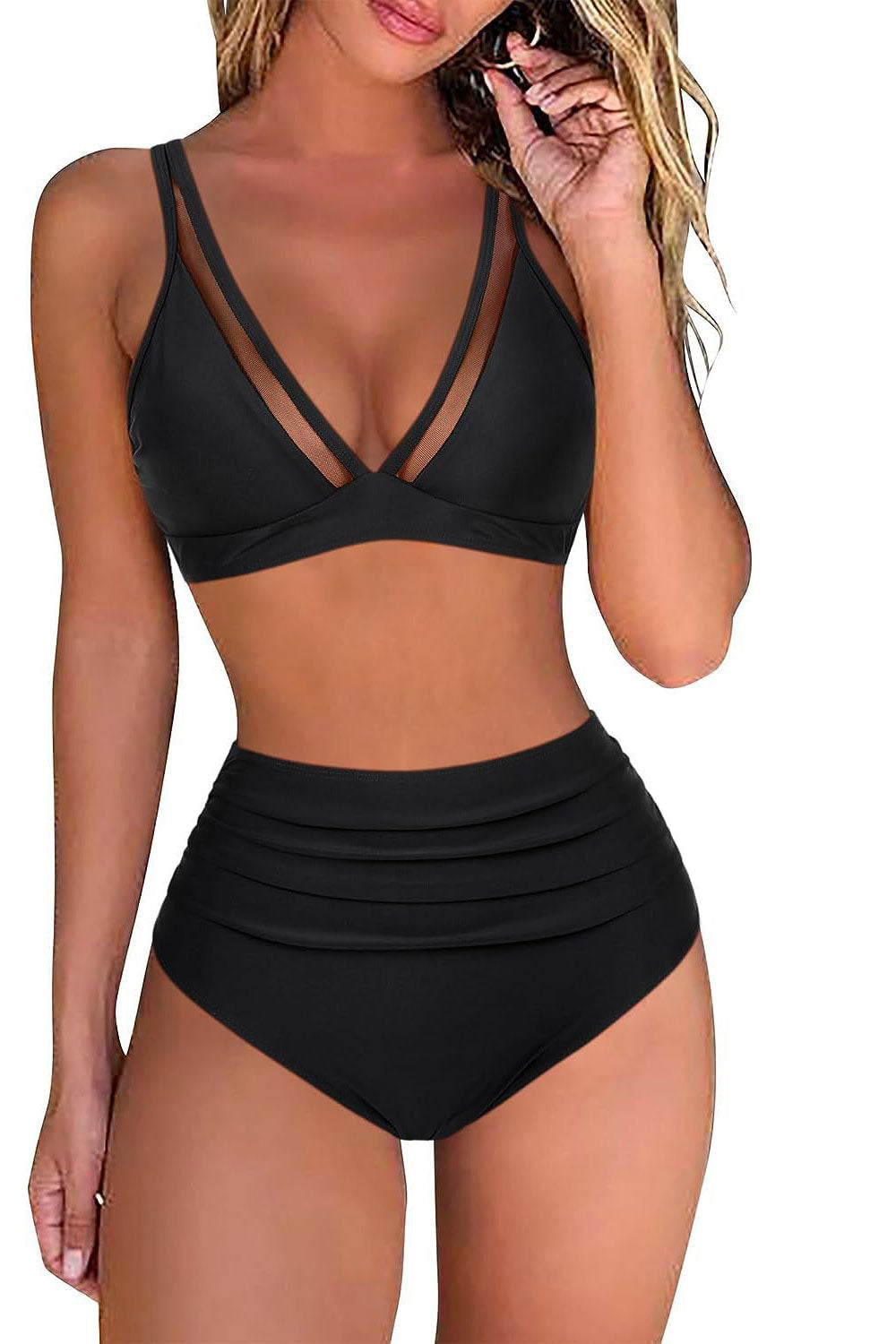 2024 Women split swimsuit mesh splicing high waist briefs multi solid color bikini bikini swimsuit.