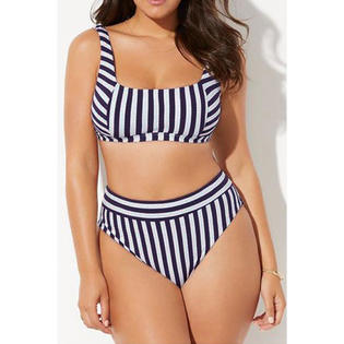 Women Elegant Striped Pattern Two Piece Halter Neck Breathable Swimwear Set - C7542JPSW