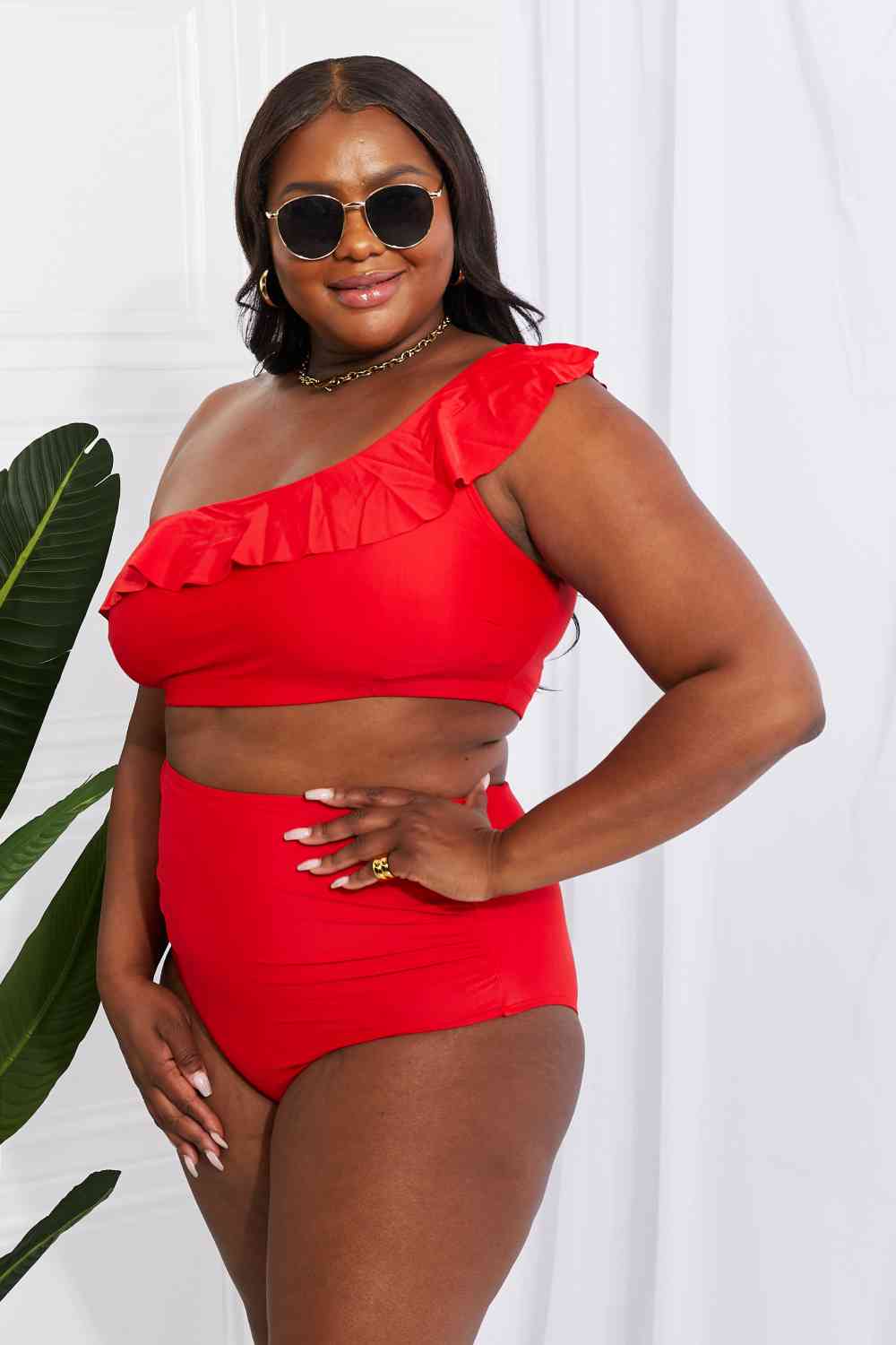 Women's Marina West Swim Seaside Romance Ruffle One-Shoulder Bikini in Red