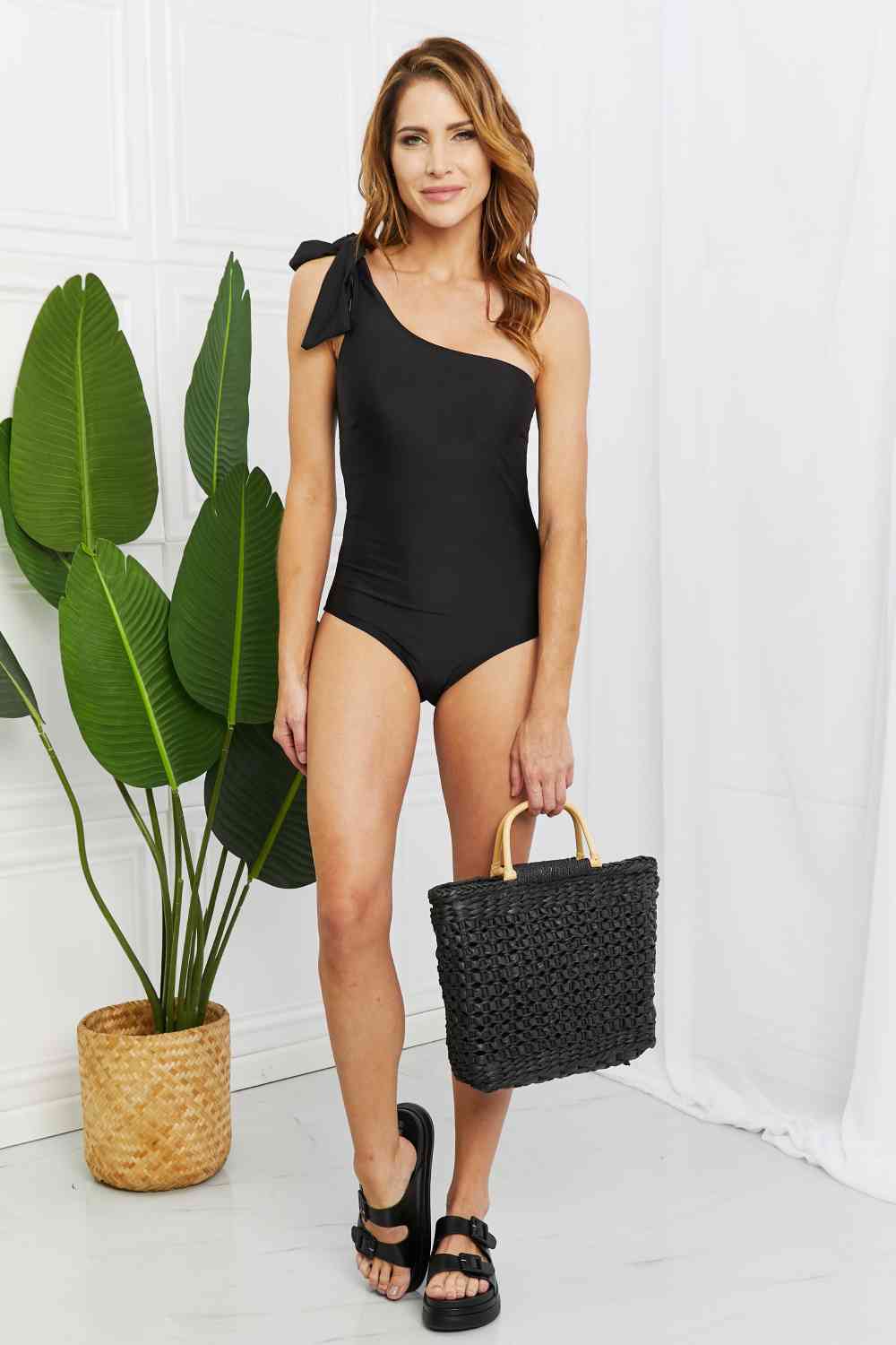 Women's Marina West Swim Deep End One-Shoulder One-Piece Swimsuit in Black