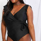 Women's Marina West Swim Full Size Float On Ruffle Faux Wrap One-Piece in Black