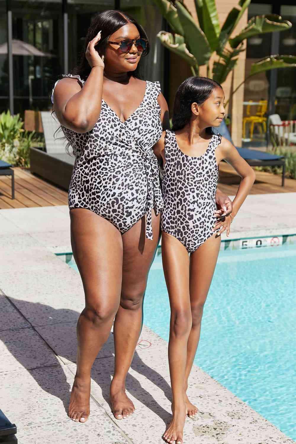 Women's Marina West Swim Full Size Float On Ruffle Faux Wrap One-Piece in Cat