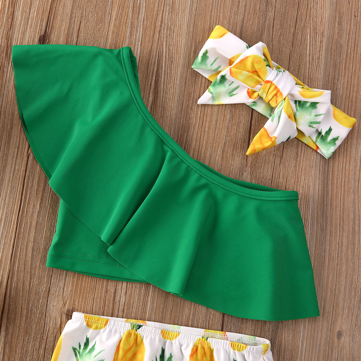 Baby Girls Bikinis Sets One Shoulder Ruffles Tops+Pineapple Shorts+Headband Swimwear