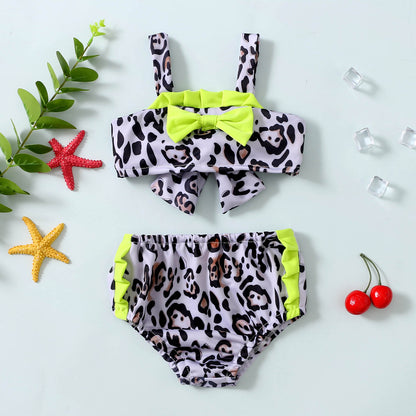 Baby Girl Two-Piece Swimwear Leopard Print Bowknot Bikini Tops+Elastic Waist Bikinis