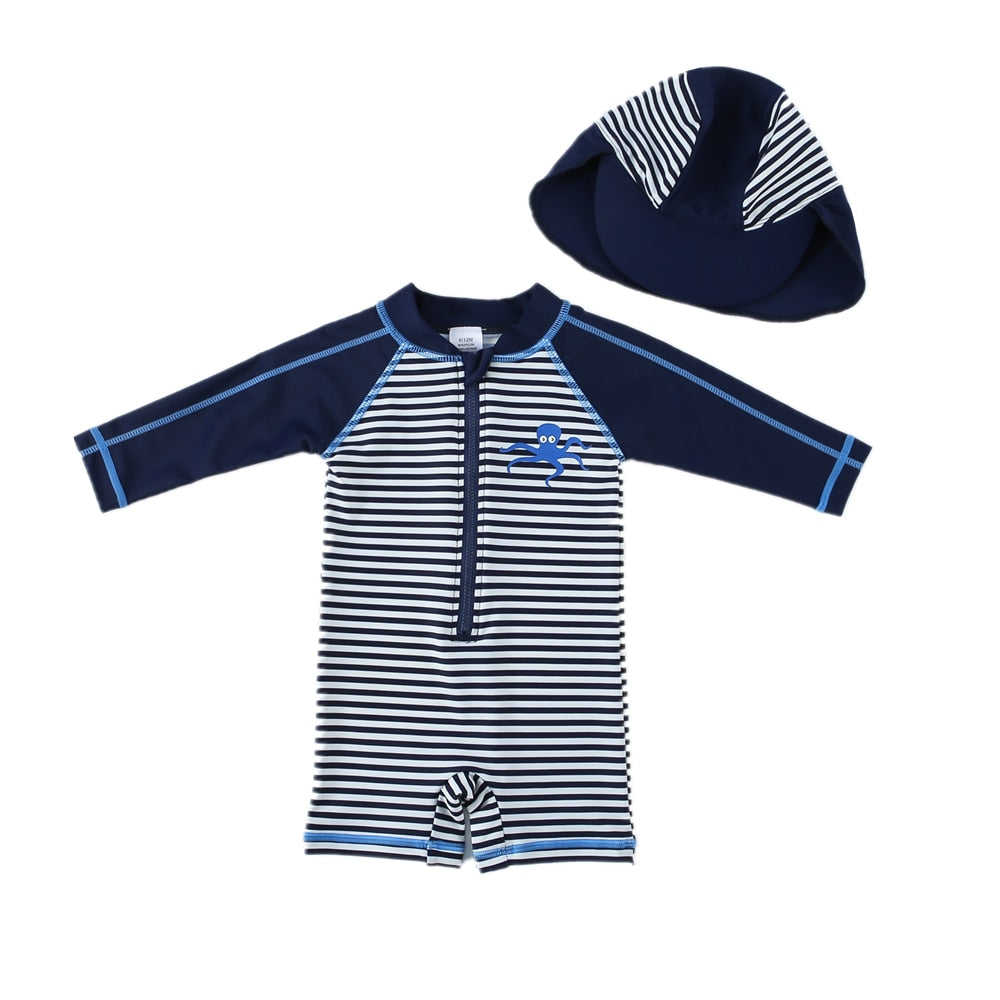 Toddler boys Round Neck Striped Swimsuit With Cap Sun Protection Beach Wear