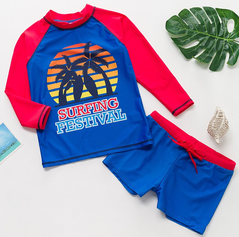 Boys Two-Pieces Beach Sports Surf Swimsuit Set Big Boys Long Sleeve Rash Guard Bathing Suits