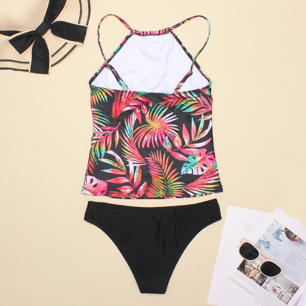 Women Two Piece Printed Colorful Halter Bandage Tankni Swimsuit,