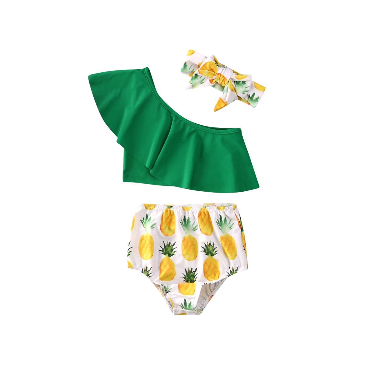 Baby Girls Bikinis Sets One Shoulder Ruffles Tops+Pineapple Shorts+Headband Swimwear