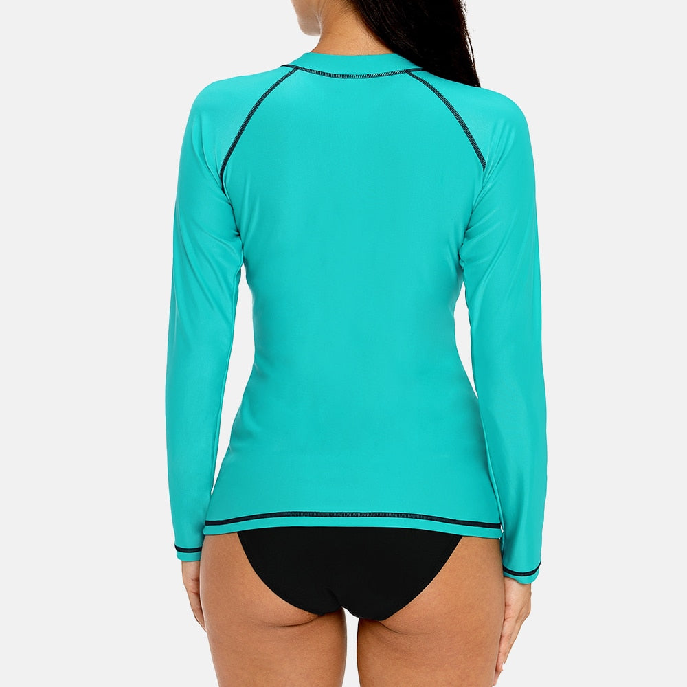 Women Long Sleeve Front Zipper Rashguard Top Running Shirt Swimwear Swimsuit.